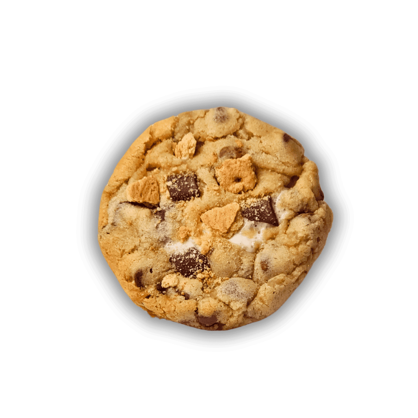Cookie with graham cracker pieces, chocolate, and marshmallows